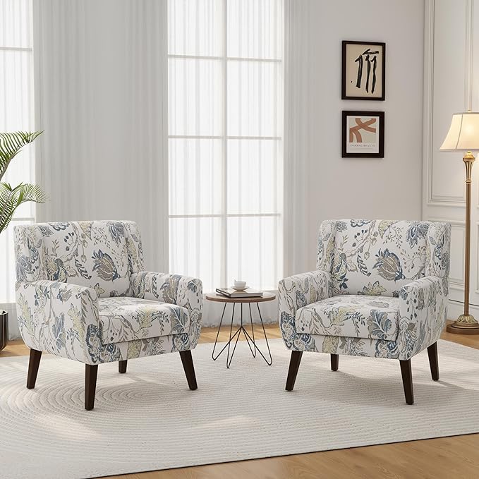 Accent Chair, Modern Linen Blend Arm Chair for Living Room, Bedroom, Comfy High-Resilient Sponge Reading Chair for Small Spaces (Pattern Leaf, Set of 1)