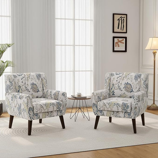 Accent Chair, Modern Linen Blend Arm Chair for Living Room, Bedroom, Comfy High-Resilient Sponge Reading Chair for Small Spaces (Pattern Leaf, Set of 2)