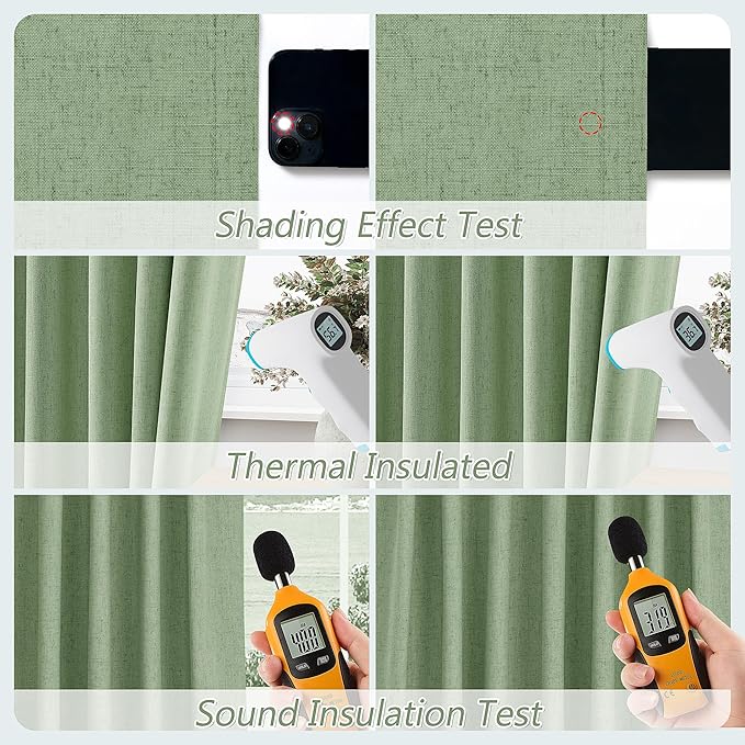 Guken 100% Blackout Linen Curtains 63 Inch Length 2 Panels Set for Living Room Bedroom Back Tab Thermal Insulated Black Out Linen Drapes Room Darkening Window Curtains,Light Sage