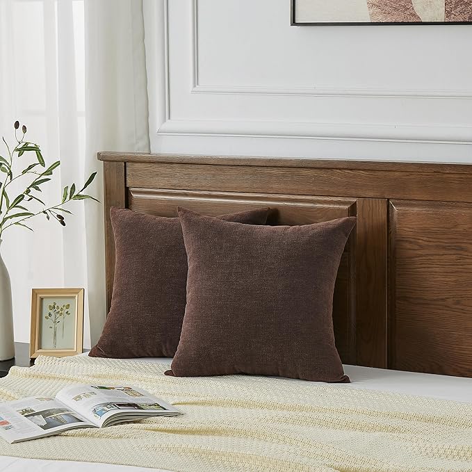 GAWAMAY Decorative Square Throw Pillow Covers 22x22 Inch Set of 2, Super Soft Chenille Pillows Farmhouse Fall Pillowcase for Living Room Bedroom Sofa Couch Cushion Cover Coffee 55x55cm (No Inserts)