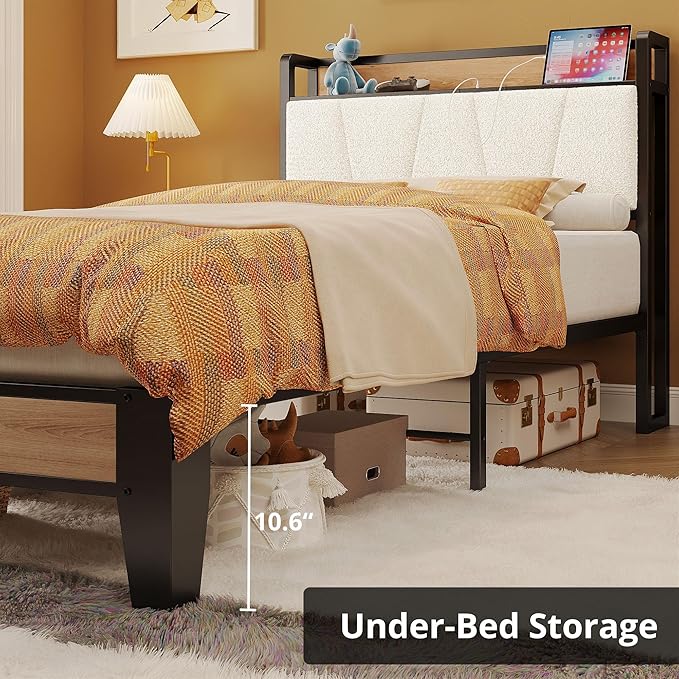 LIKIMIO Twin XL Bed Frames, Storage Headboard with Charging Station, Solid and Stable, Noise Free, No Box Spring Needed, Easy Assembly, Wood and Cream