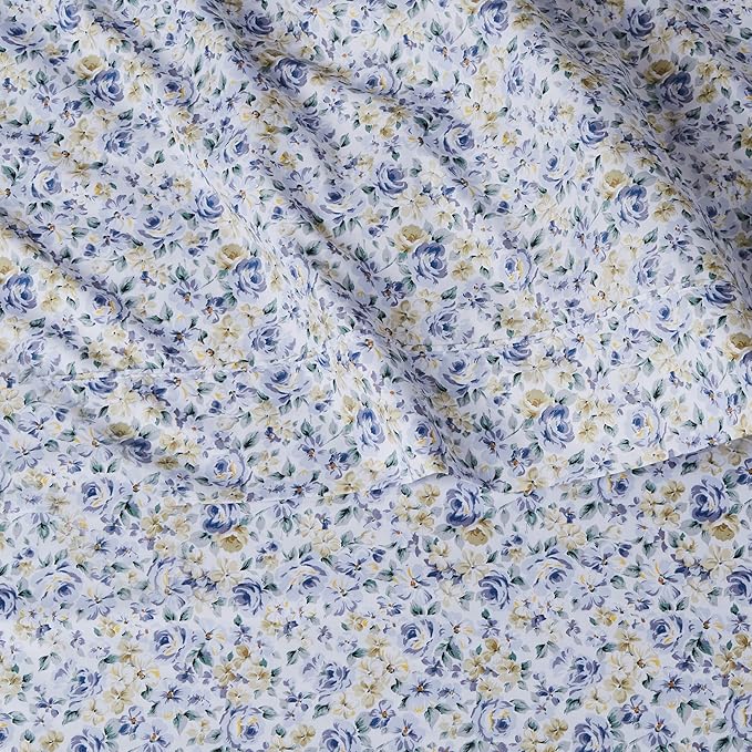 Amazon Basics Lightweight Super Soft Easy Care Microfiber 4 Piece Bed Sheet Set With 14-inch Deep Pockets, Queen, Blue Floral,Printed