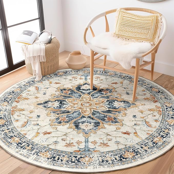 Area Rugs 4ft Washable Non-Slip, Floral Vintage Distress Print Pattern Medallion Carpet for Living Room Bedroom Dining Room, Beige Navy Blue Orange Colorful