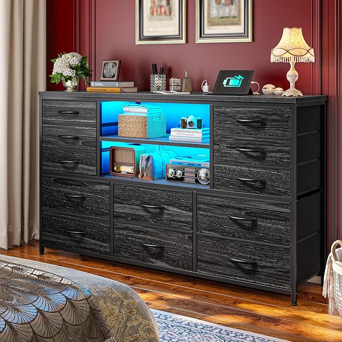 Black TV Stand with 12 Fabric Drawers for 55 inch TV, Entertainment Center with Charging Station & LED Lights, TV Media Console Table with 2 Open Storage Shelves for Living Room, Dorms, Wood Top