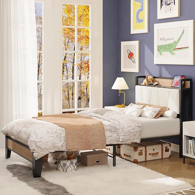 LIKIMIO Twin Bed Frames, Storage Headboard with Charging Station, Solid and Stable, Noise Free, No Box Spring Needed, Easy Assembly, Wood and Cream