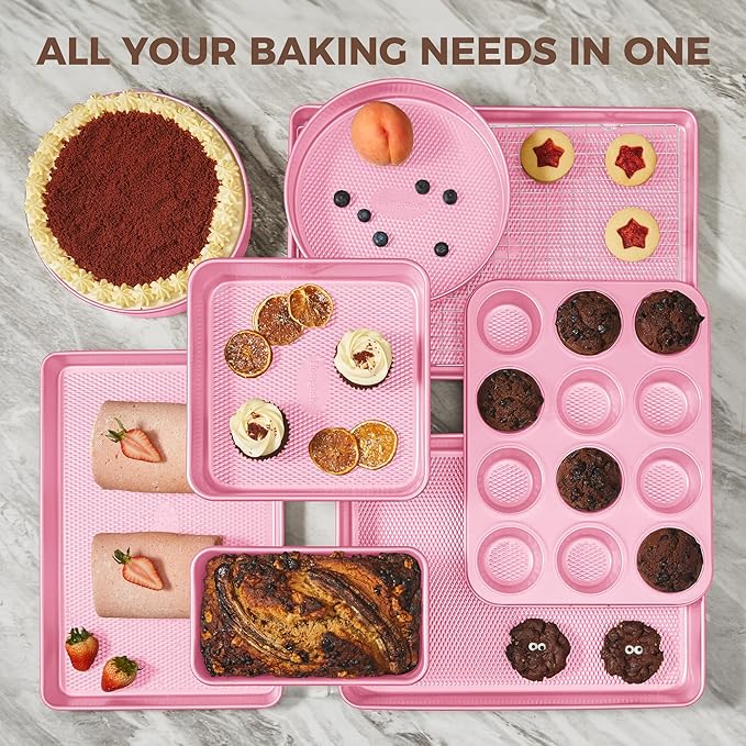 HONGBAKE 9-Piece Baking Pans Set Nonstick, Stackable Non Toxic Bakeware Sets with Diamond Texture, Oven Pan Set for Cooking, Includes Cookie Sheet with Rack, Cake Pan, Roasting Pan, Muffin Tin, Pink