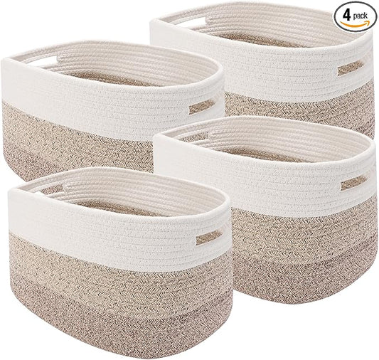 4 Pack Woven Storage Baskets for Organizing - Cotton Rope Baskets for Closet, Toys, Books, Towels, Durable Storage Bins for Shelves, Living Room, Bedroom, 14.76''Lx9.84''Wx8.86''H (khaki, 13")