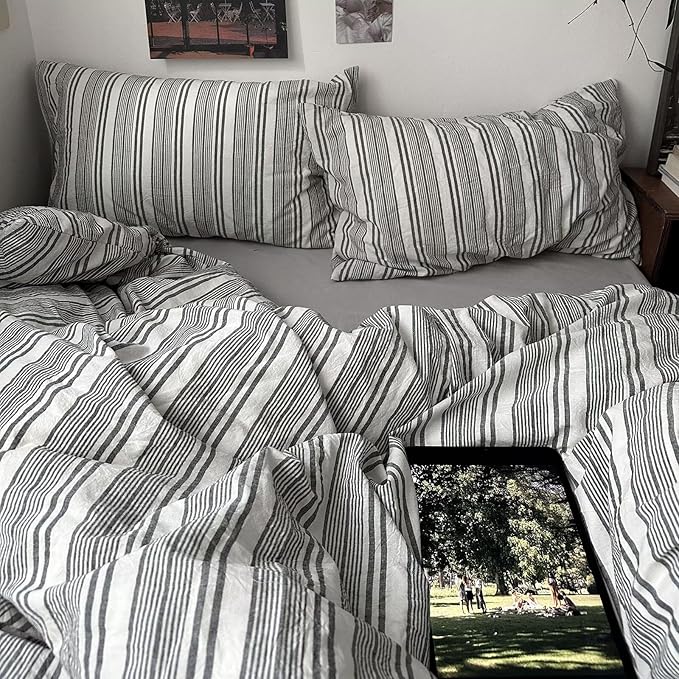 mixinni Vintage Grey & White Striped Comforter Set King Size - Soft Washed Cotton 3-Piece Neutral Bedding Set, Retro Geometric Pattern, All-Season Breathable & Fluffy for Men, Boys