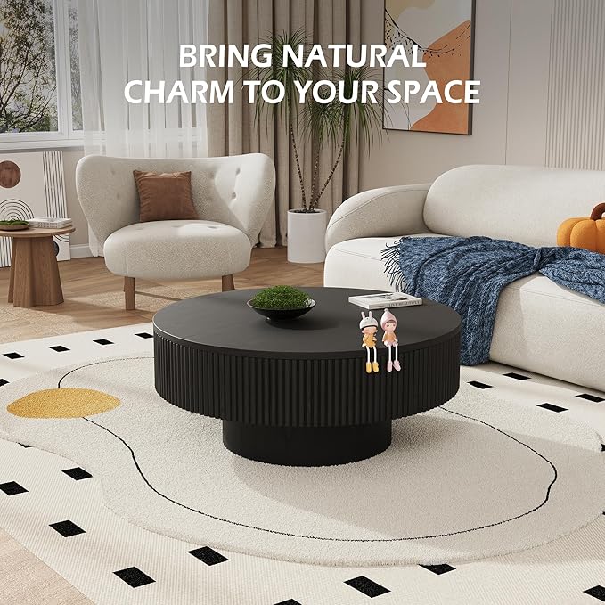 35” Round Fluted Coffee Table, Modern Wood Circle Coffee Table, Veneer Handcrafted Relief Tea Table with Sturdy Pedestal for Living Room - Black