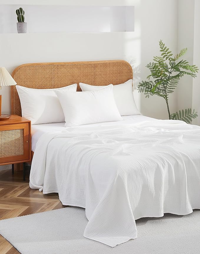 100% Cotton Muslin Queen Blanket (90" x 90") – A Luxuriously Soft, 4-Layer Lightweight and Breathable Gauze Blanket, Perfect for Year-Round use on beds, couches (White, Queen)