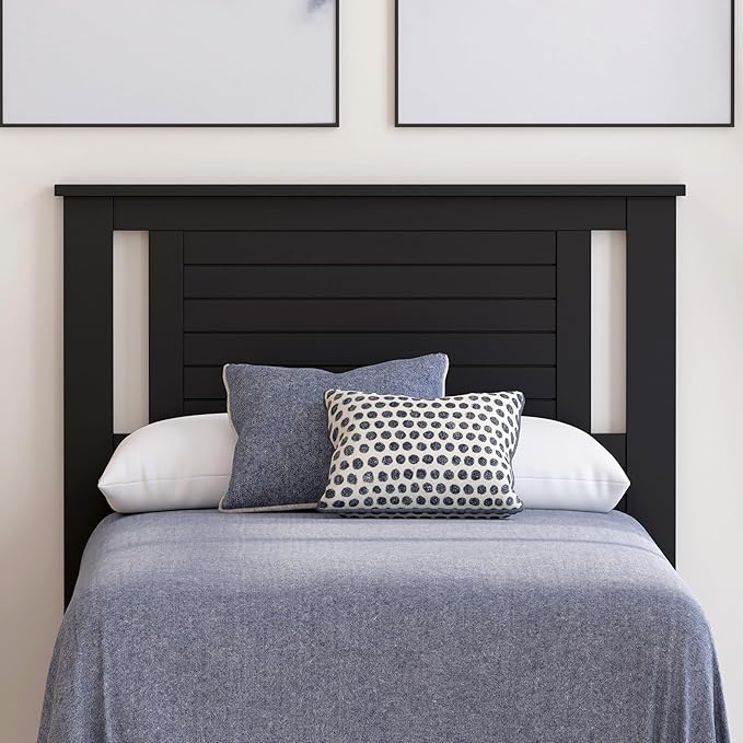 Serene Poplar Wood Twin Headboard, Modern Farmhouse Panel with Horizontal Scoring, Twin Size Headboard in Black, Casual Coastal Style, Easy Assembly, Quality Materials