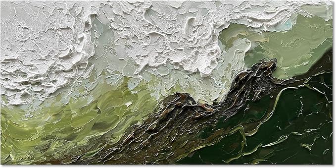 Art 24x48 Inch Hand-Painted Green and White Texture Oil Painting Modern Abstract Canvas Art Home Wall Decoration