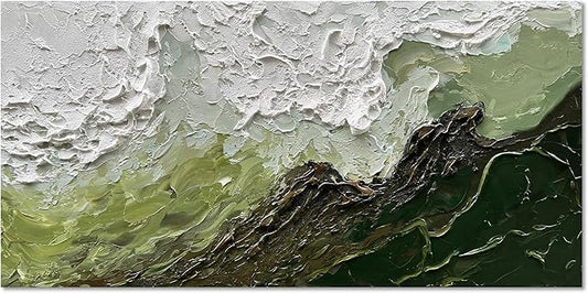 Art 24x48 Inch Hand-Painted Green and White Texture Oil Painting Modern Abstract Canvas Art Home Wall Decoration