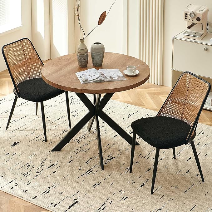 Dining Chairs Set of 2, Boho Rattan Back Dining Room Chairs Upholstered Boucle Round Dining Chairs