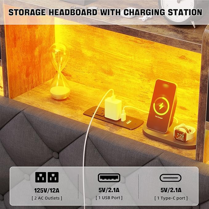 Queen Size Bed Framewith 4 Under-Bed Storage Drawers and LED Light, Queen Bed Frame with Upholstered Headboard and Charging Station,3-Tier Headboard and Hidden Storage Space,Gray