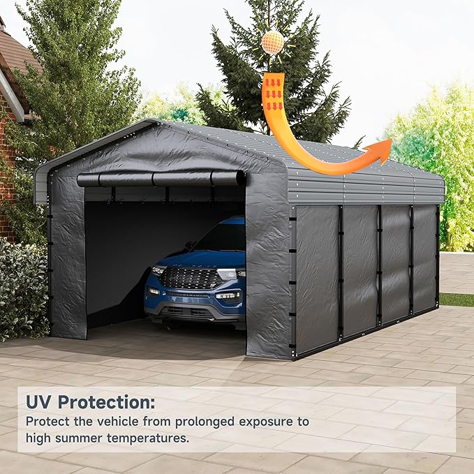 12x20FT Metal Carport Kits with Galvanized Steel Roof, Heavy Duty Metal Frame Carports Canopy with Removable Sidewalls, Garage Car Tent Shelter for Tractors, Boat, Car, Gray