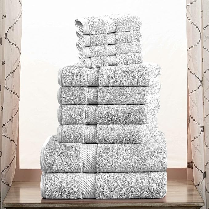Superior Egyptian Cotton Pile 10 Piece Towel Set, Includes 2 Bath, 4 Hand, 4 Face Towels/Washcloths, Ultra Soft Luxury Towels, Thick Plush Essentials, Guest Bath, Spa, Hotel Bathroom, Silver