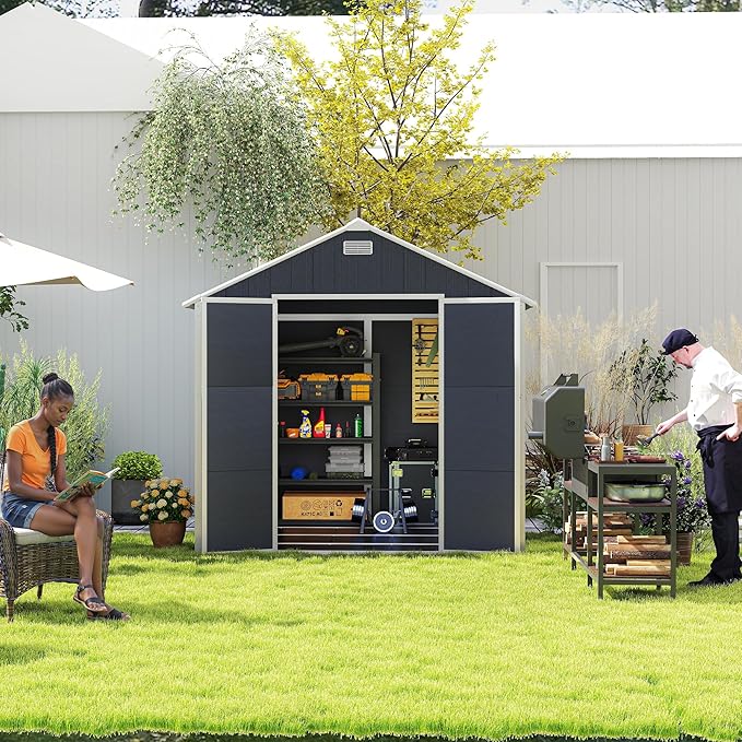8x8 FT Outdoor Storage Resin Shed with Floor, Plastic Garden Tool Shed with Sloped Roof, Lockable Door & Windows, Easy to Assemble Bike Shed for Lawn, Backyard, Patio, Black