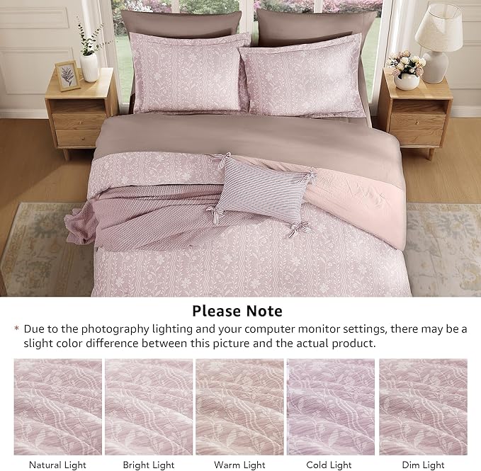 Queen Comforter Set -7 Pieces Floral Pink Comforter Set for All Seasons, Bed in a Bag Queen with Botanical Flowers Comforter, Sheets, Pillowcases & Shams