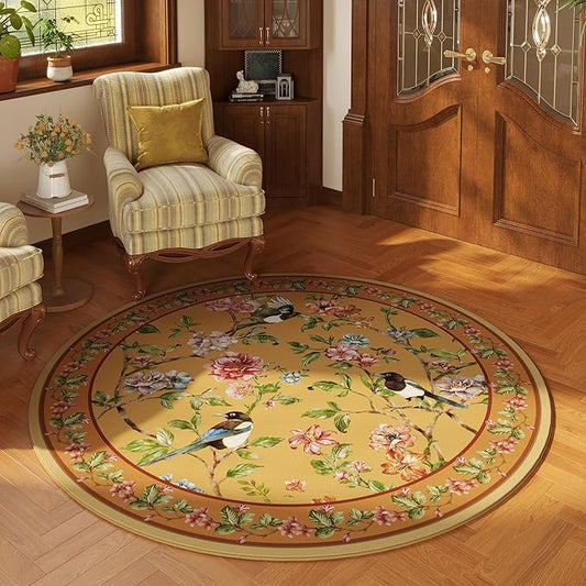 Round Rug 4ft Washable Circle Rug Non Slip Low Pile Floral Bird Magpies Animal Small Circular Rug for Bedroom, Bathroom, Entryway, Kids Room, Office, College Dorm (Yellow)