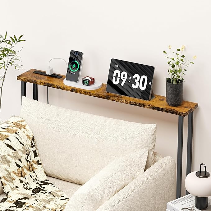 GRLEAF 39" Narrow Console Sofa Table with Built-in Power Strip (4 AC Outlets & 4 USB Ports) – 4.9ft Power Cord, Metal Frame, Easy Assembly, Ideal for Behind Couch, Hallway, and Office | Rustic Brown