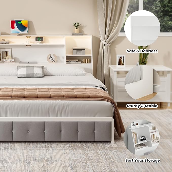 Headboard Queen Size with Storage, Upholstered Wood Bookcase Headboard with Charging Station & 2 LED Lights (White, King)