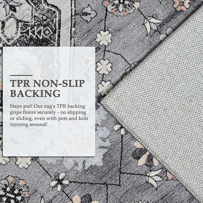 Vintage Area Rug 5x8 Rugs, Machine Washable Vintage Area Rug Non-Slip Low Pile Large Rug for Living Room, Bedroom, Farmhouse, Dining Room, Grey