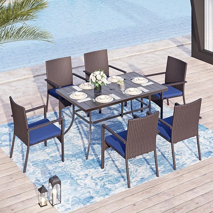 Patio Outdoor Table and Chairs Set with Umbrella Navy, Patio Dining Sets for 6, 7 Pieces Patio Table Set Clearance for Backyard Deck Porch Outside, Metal Table with Hole & Cushioned Rattan Chairs