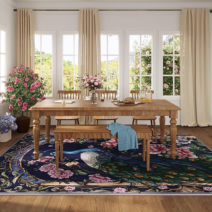 Area Rugs 8x10 Rug for Living Room Clearance Washable Floral Peacock Non Slip Vintage Low Pile Large Rug for Living Room, Bedroom, Farmhouse, Dining Room, Kids Playroom(Cobalt Blue)