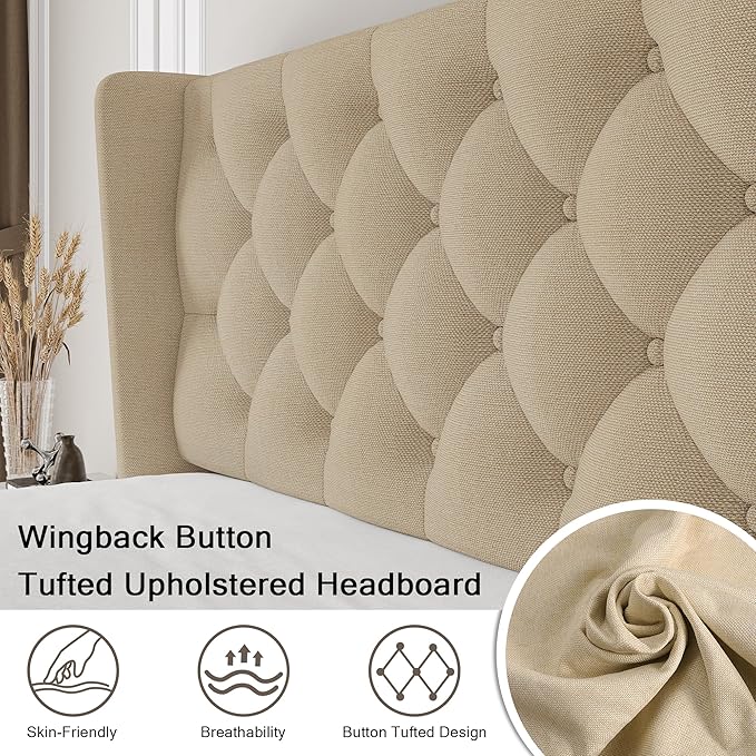 Queen Size Upholstered Bed Frame with Wingback Headboard, Fabric Linen Platform Bed, 8" Under Bed Storage, Wooden and Metal Slats Support, Noise Free, No Box Spring Needed, Beige