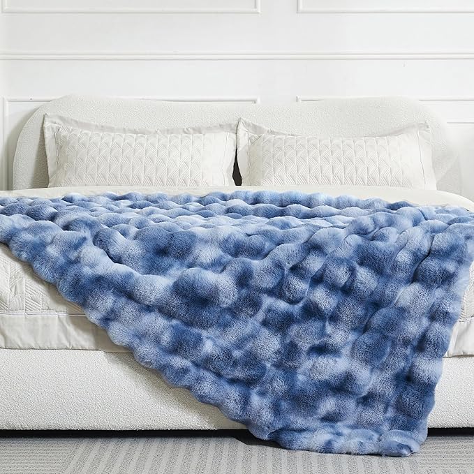 Ultra Plush Bubble Faux Rabbit Fur Blanket – 950GSM Thick Fluffy Throw Blanket for Bed, Couch, Sofa, or Gift, 60" × 80", Tie-dye Blue
