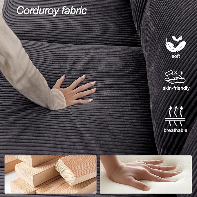 79 inch Sofa for Living Room,Mid Century Modern Couch with Big Pockets, Corduroy Couch with Three Cushions and Solid Wood Frame for Apartment and Small Spaces (Grey, Sofa)