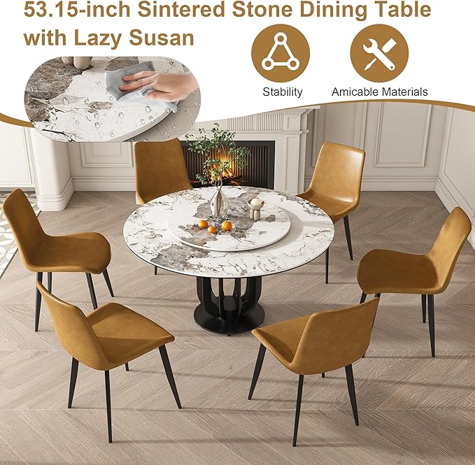 53" Round Modern Marble Dining Table with Lazy Susan, Sintered Stone Top for Kitchen, Dining Room, Dinette, Space Saving Design