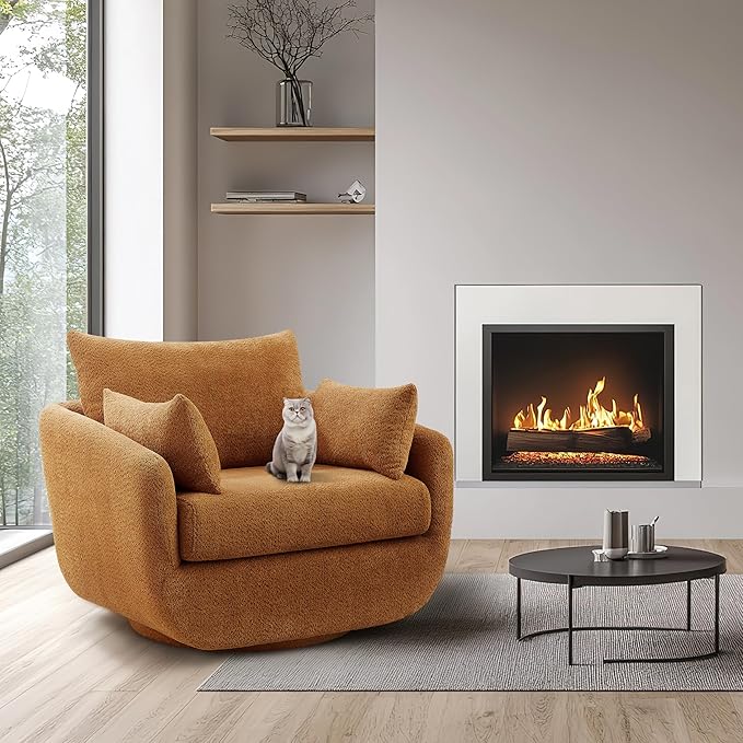 360° Swivel Accent Armchair, 39.3" Oversized, Sherpa Boucle Fabric Sofa Chair with Removable Back & Arm Pillows, Swivel Chair with Cozy Soft Padded, No Assembly Required (1, Curry)
