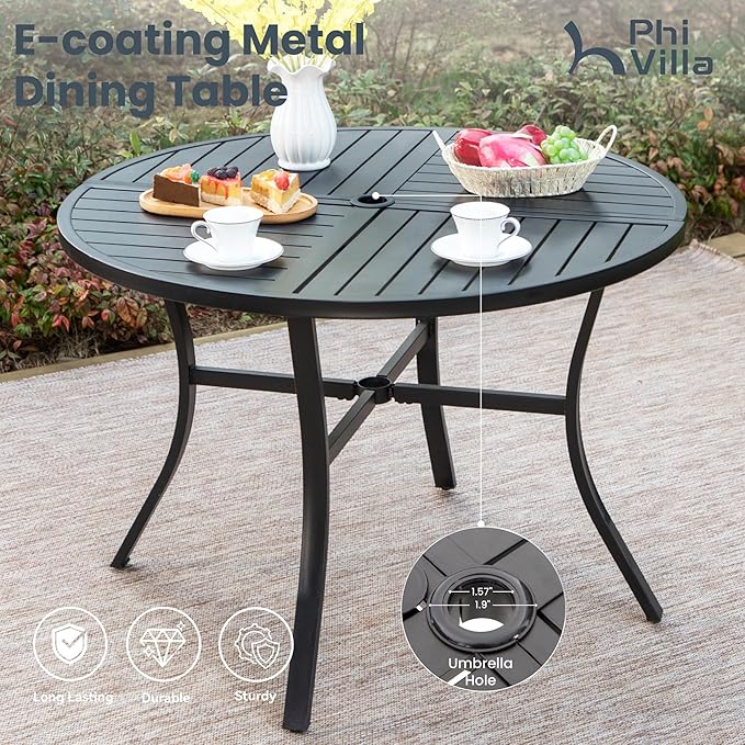 PHI VILLA 5 Piece Outdoor Patio Dining Set with 4 Padded Swivel Dining Chairs & 1 Large Round Dining Table, All Weather Blue Chair and Metal Table for Deck Lawn Garden