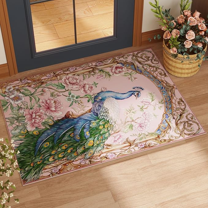 Round Rug 4ft Washable Circle Rug Non Slip Low Pile Floral Peacock Animal Small Circular Rug for Bedroom, Bathroom, Entryway, Kids Room, Office, College Dorm (Pink)
