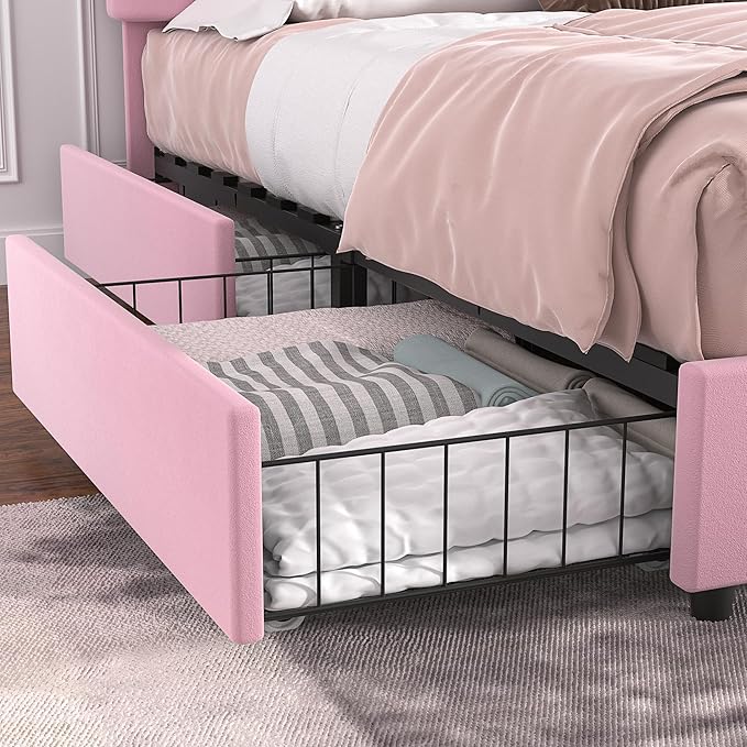 VECELO Queen Size Upholstered Bed Frame with 4 Drawers and Headboard, Velvet Platform Storage Bedframe, Wooden Slats Support, No Box Spring Needed,Pink