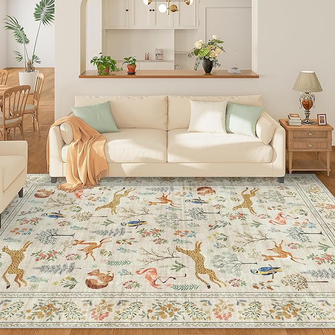 DUKINO 6x9 Rug, Washable Animal Living Room Rug with Non Slip Vintage Design, Soft Low Pile Large Carpet for Bedroom, Nursery, Dining Room, Farmhouse, Playroom, White