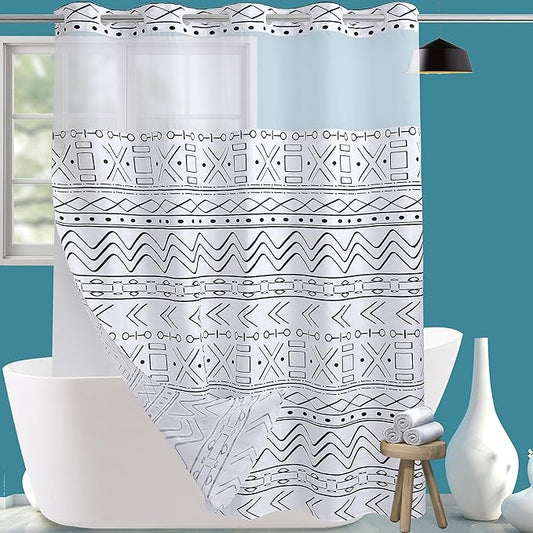 Extra Long No Hook Boho Shower Curtain with Snap in Liner Set, Hotel Luxury White Shower Curtains for Bathroom with See Through Top Window, Waterproof, Washable 71W x 84H