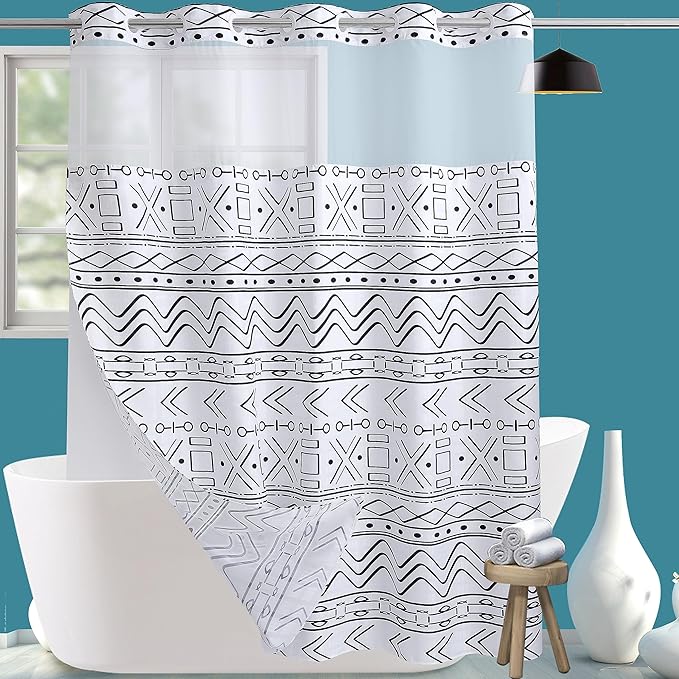 Conbo Mio No Hook Boho Shower Curtain with Snap in Liner Set, Hotel Luxury White Shower Curtains for Bathroom with See Through Top Window, Waterproof, Washable 71W x 74H