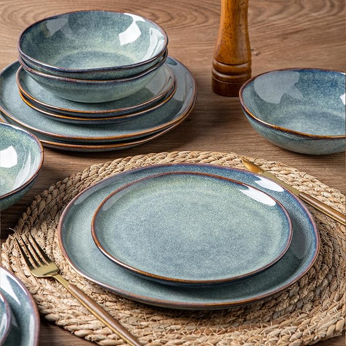 AmorArc Ceramic Dinnerware Sets,Handmade Reactive Glaze Stoneware Plates and Bowls Sets,Highly Chip and Crack Resistant | Dishwasher & Microwave Safe Dishes Set,Service for 6 (18pc)