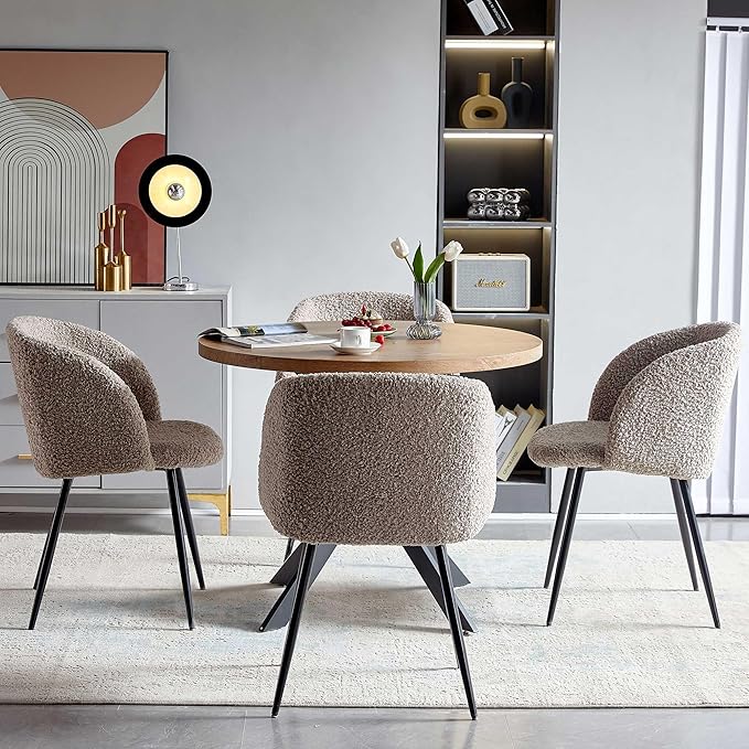 5 PCS Kitchen Dining Table Set, 37" Round Breakfast Dining Table MDF Tabletop, Space Saving Coffee Table Set for 4, Cozy Fluffy Sherpa Armchair Upholstered Dining Chairs with Metal Legs