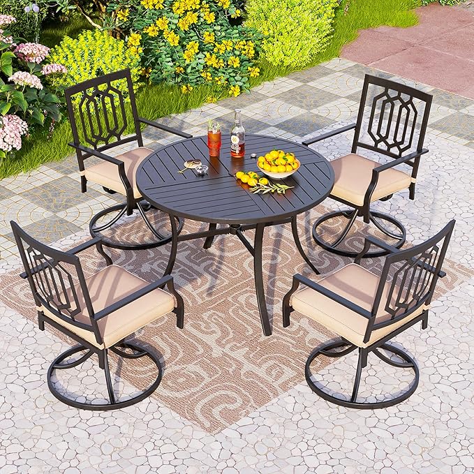 PHI VILLA 5 Pieces Outdoor Dining Set for 4, Round Metal Wrought Iron Table with Umbrella Hole & Swivel Metal Steel Chairs with Cushions, Large Modern Furniture for Patio, Deck, Backyard, Porch