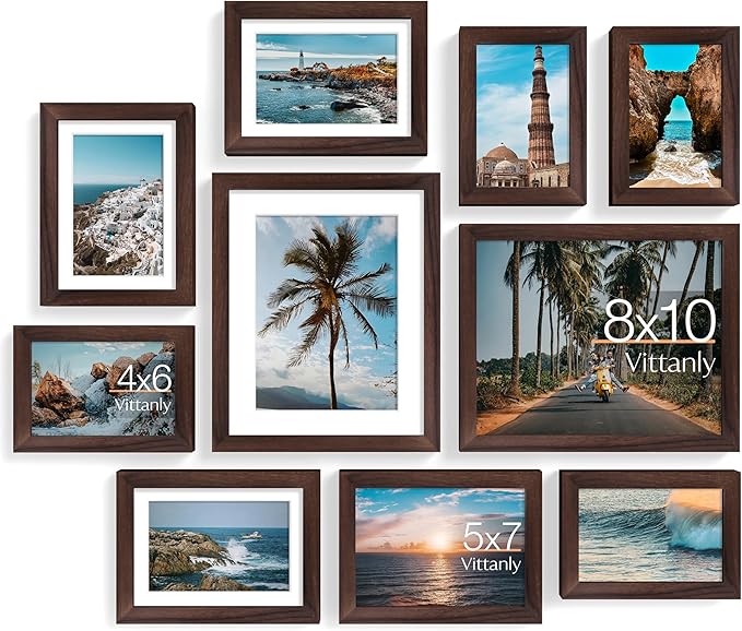 Vittanly 10 Pack Picture Frames Collage Wall Decor, Gallery Frame Set for Wall Mounting or Tabletop Display, Multi Sizes Including 2pcs 8x10, 4pcs 5x7, 4pcs 4x6, Light Brown