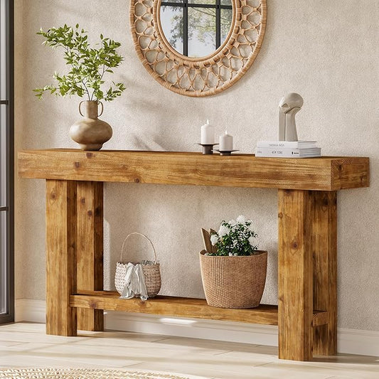 63-Inch Solid Wood Long Console Table, Farmhouse Narrow Entryway Sofa Table with 2-Tier Storage, for Living Room, Hallway, Entrance, Foyer, Rustic Brown