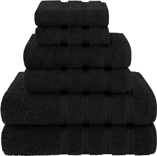 American Soft Linen Luxury 6 Piece Towel Set, 2 Bath Towels 2 Hand Towel 2 Washcloths, 600 GSM 100% Cotton Turkish Towels for Bathroom, Black Towel Sets
