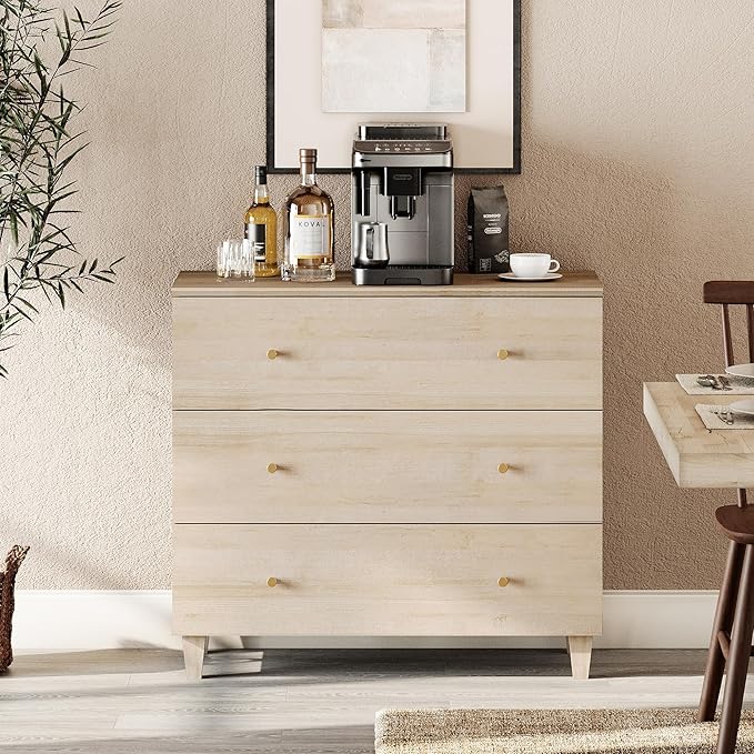 WAMPAT TV Stand Dresser for 32+ Inches TVs, Wood Media Console Table with 3 Drawers, Modern Highboy Entertainment Center with Storage for Living Room Bedroom, Natural Oak