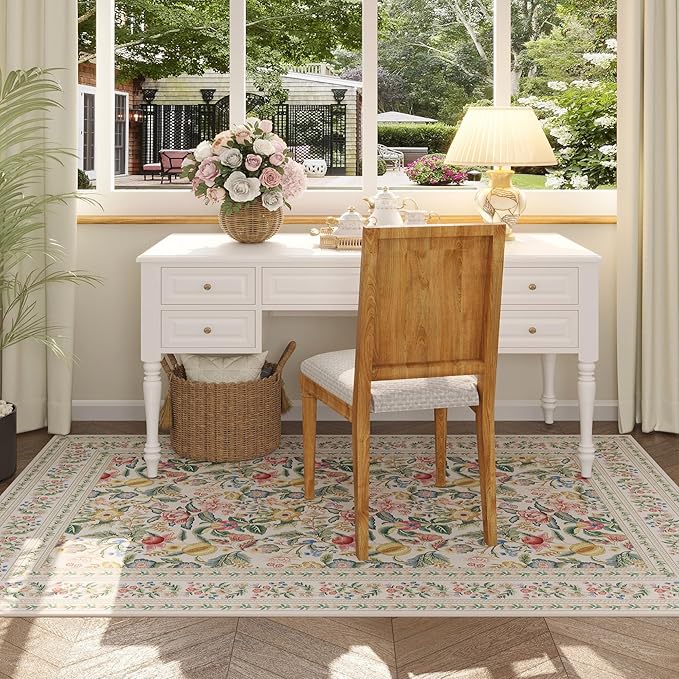 Bedroom Rug 3x5 Rug Washable Area Rug Non Slip Low Pile Vintage Floral Small Carpet for Bedroom, Bedside, Kitchen, Entryway, Kids Room, Office, Beige