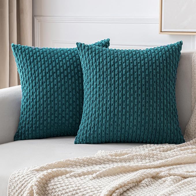 MIULEE Throw Pillow Covers Soft Corduroy Decorative Set of 2 Boho Striped Pillow Covers Pillowcases Farmhouse Home Decor for Couch Bed Sofa Living Room 20x20 Inch Teal Blue