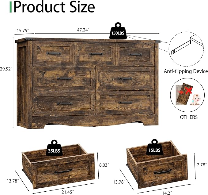 Dresser for Bedroom with 7 Drawers, 48" Wide Wood Chest of Drawers with Deep Drawers & Mental Handle, Modern Dresser TV Stand, Wooden Closet Storage Organizer for Living Room, Hallway, Entryway, Brown